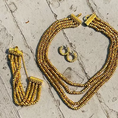 Vintage MMA Egyptian Revival Gold Tone Necklace Bracelet & Earring Set • $550