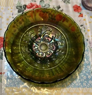 Millersburg Green Carnival Glass Mayan Bowl 8” Beautiful • $26