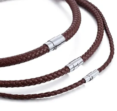 4mm-8mm Mens Braided Cord Brown Leather Stainless Steel Necklace 14 -24'' J32 UK • £8.95
