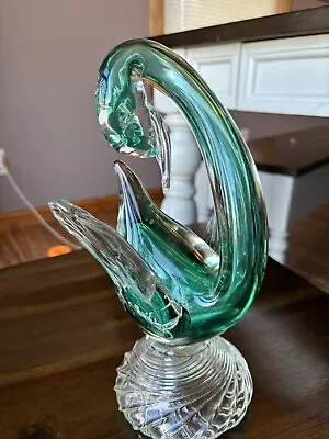 Vtg. Murano Glass Italy Swan Sommerso Figurine Green Color 7.5 Inches Tall. • $40