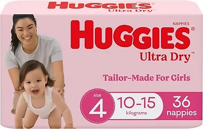 Huggies Ultra Dry Nappies Girls Size 4 (10-15kg) 36 Count One Month Supply Up • $33.99