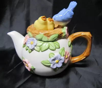 Vintage Teleflora Porcelain Teapot Spring Blue Bird Nest Floral Easter • $14.99