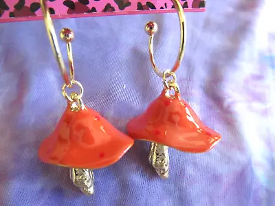 Betsey Johnson  Enchanted Orange Red Cap Golden Stem Hoop Mushroom Earrings • $18.35