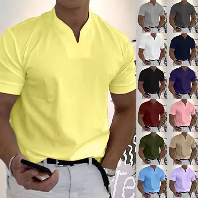 Mens Grandad Henley V Neck Shirts Short Sleeve Tee T-Shirt Casual Blouse Tops US • $16.89