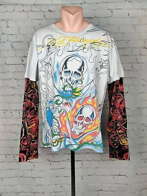 Don Ed Hardy Shirt Long Sleeve Skull Tattoo CHRISTIAN AUDIGIER White Men's XL • $89.99