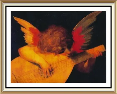 Art Print ANGEL MUSIC ON LUTE Cupid Fairy Cherub • £1.25