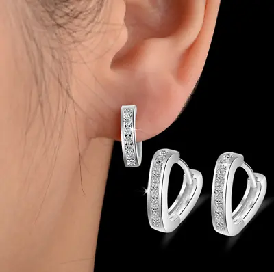 Women 925 Sterling Silver Plated CZ Heart Huggie Hoop 15mm/10mm Earrings I104 • $4.95