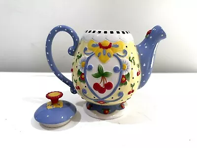 Vintage 2002 Signed Mary Engelbreit Cherries Polka Dots & Flowers Teapot Floral • $29.99