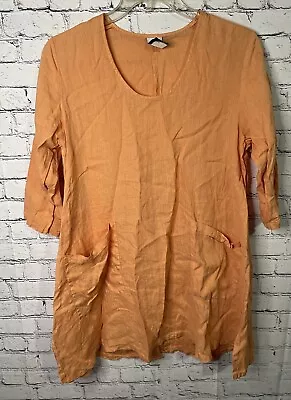 Match Point USA Dress Women’s S Orange 100% Linen Oversized V Neck Tunic Shirt • $34.99