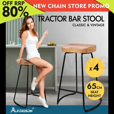 $239.85 • Buy ALFORDSON 4x Bar Stools 65cm Tractor Kitchen Wooden Vintage Chair Natural