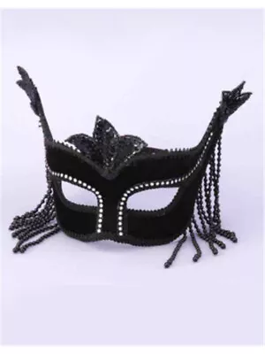 Deluxe Costume Black Venetian Carnival Mask With Rhinestones And Hanging Beads • $15.98