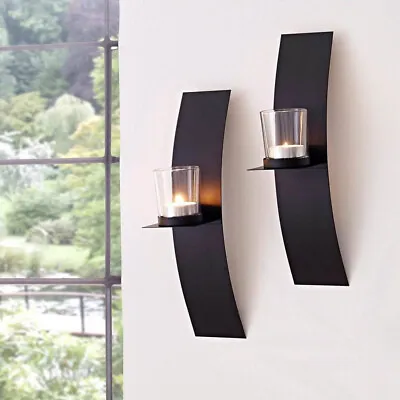 2x Wall Mounted Metal Tea Light Candle Holder W/ Glass Cup Tealight Stand Sconce • £9.95