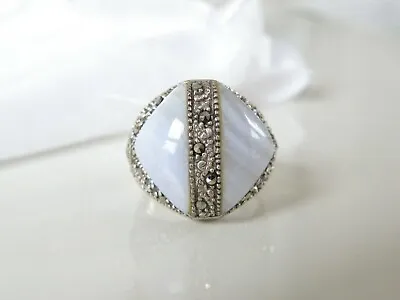 Vintage Sterling Silver 925 Natural Blue Lace Agate Art Deco Style Ring • $37.99