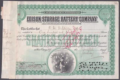 Thomas A. Edison - Stock Certificate Signed 01/12/1904 With Co-signers • $3500