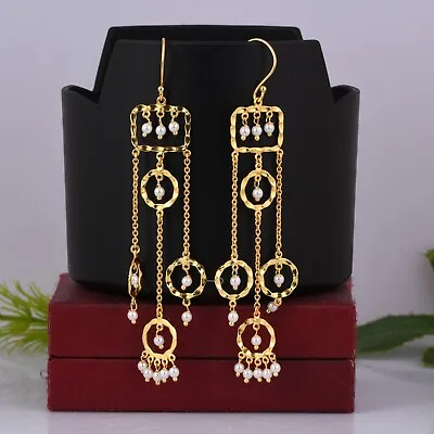 18k Gold Plated Handmade Round Long Dangle Earring With Chain Pearl Gemstone • $45