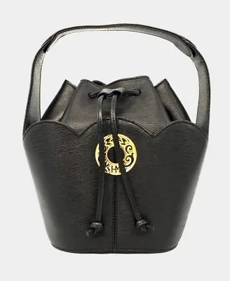 Vintage Hanae Mori Black Textured Small Bucket Bag With Drawstring & Top Handle • $35