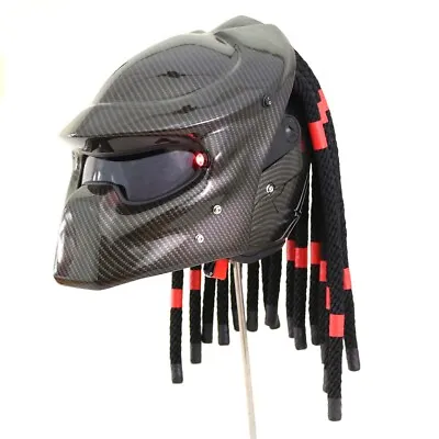 Black Rope Hair Predator Motorcycle Custom Helmet New Carbon DOT & LED Light • $382.55