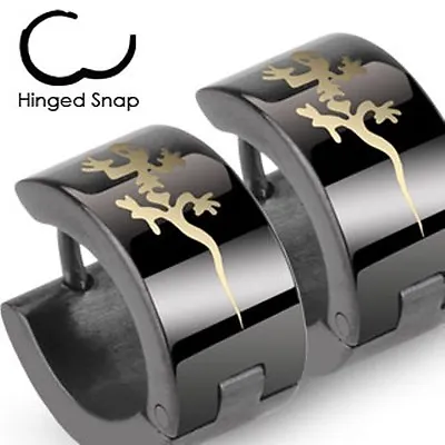 £2.99 • Buy Mens Surgical Steel Black IP Huggie Hoop Hinged Earrings With Tribal Gecko
