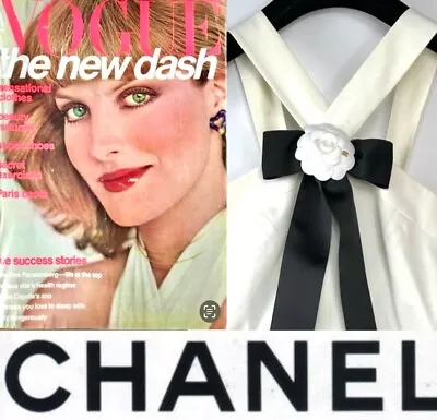Chanel Vintage 1998 White Midi Scuba Halter Dress 38 40 42 6 8 10 Logo Bow M L • $830