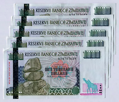 Zimbabwe 1000 Dollars Banknote X 5 Pcs 2003 P12 Consecutive VF Currency Bills • $50.75