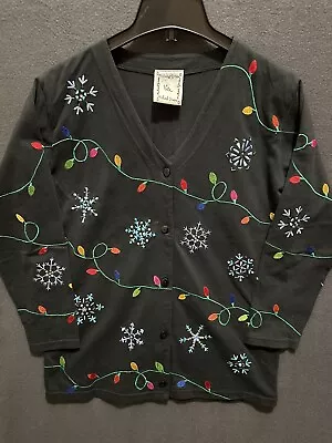 Michael Simon Lite Women’s Black Cardigan Sz Large Christmas Lights + Snowflakes • $18