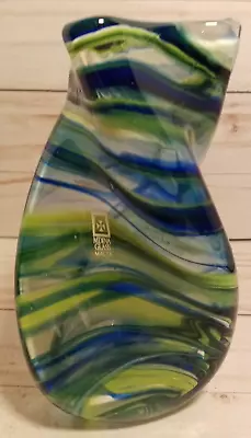 Mdina Glass Twisted Mouth Blown Signed Blue Green White Swirl Malta Vase • $79.99