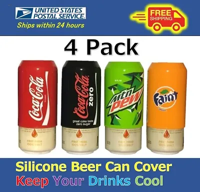 4 Pack Beer Can CoversSilicone Sleeve Hide A Beer CokeZeroMtnDewFanta & More • $14.80