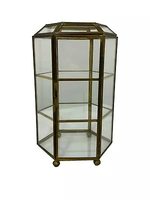 Vintage Hexagon Shaped Glass & Brass Tabletop Curio Cabinet Display Case Jewelry • $44.99