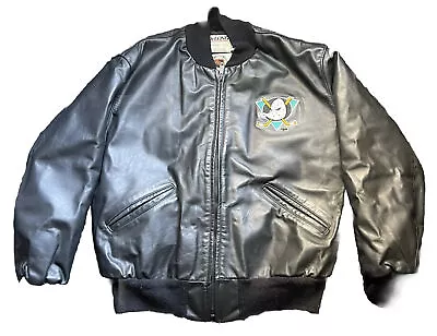 Vintage DeLong NHL Disney Anaheim Mighty Ducks Leather Bomber Varsity Jacket Med • $199.99