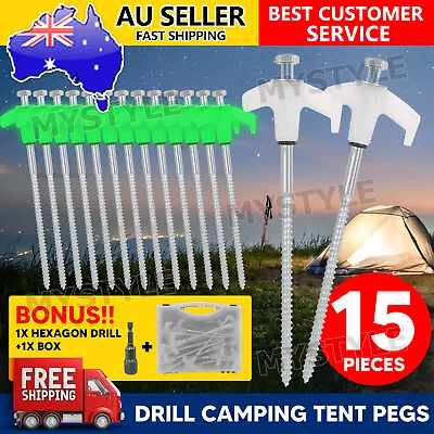 15PCS Heavy Duty Steel Screw Camping Tent Pegs With Glow In The Dark Head + Case • $22.95