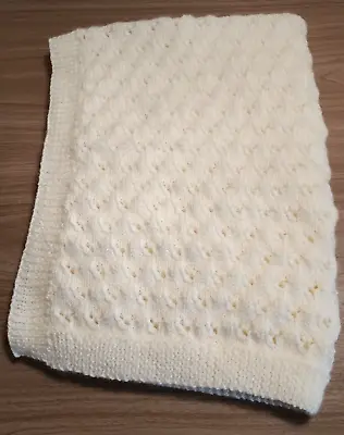 Hand Knitted In Acrylic Dk Lacy Eyelet Design Large Pale Cream Baby Blanket • £13.75