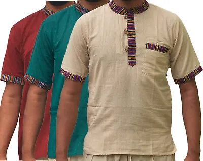 Grandad Summer Beach Kurta Shirt Short Half Sleeve/Collarless:clearance • £13.99