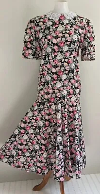 Vtg Floral Drop Waist Dress Tea Length Lace Collar Puff Slv 4 6 Pink 80s EUC • $48.75