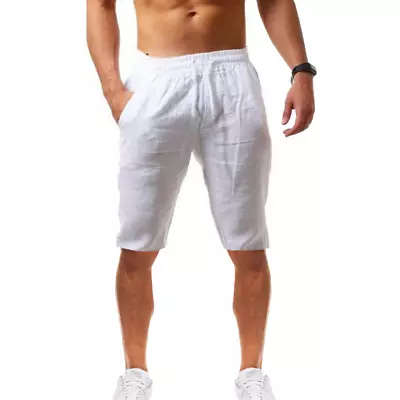 Mens Cotton Linen Shorts Summer Beach Casual Drawstring Loose Short Pants • $18.50