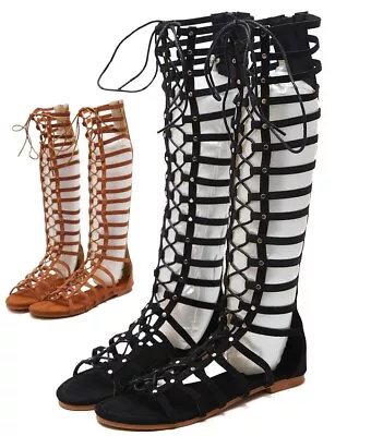 Women Gladiator Knee-high Sandal Boots Summer Open Toe Lace-up Punk Rivets Shoes • $37.20