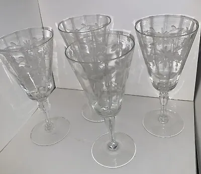 Vintage Etched Crystal Wine Glasses Leaves Dots  Starburst Optic Set Of 4 • $25