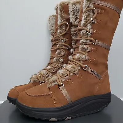 $49.99 • Buy Skechers Shape Ups Boots Women's 7 Chestnut Brown Faux Fur Leather Boots 11812