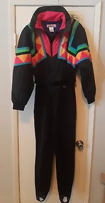 Vintage Obermeyer Women Hocus Pocus Ski Suit Jumpsuit Snowsuit Black NEON Size 8 • $189.95