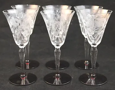 SET Of 6 VINTAGE CUT FLORAL ETCHED 5 7/8  WINE SHERRY GLASSES WITH RED BASE • $42.99