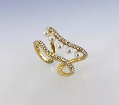 VINCE CAMUTO Gold-Tone Imitation Pearl & Crystal Wavy Double Band Ring Size 7-8 • $14.95