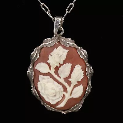 VTG Sterling Silver 800 - VICTORIAN Shell Rose Cameo Pendant 18  Necklace - 12g • $11.50