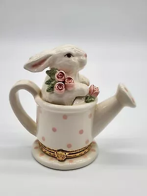 Mud Pie White Bunny In Watering Can Roses Trinket Box Hinged 1998 Ceramic Easter • $14