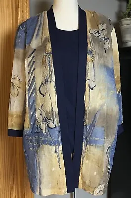 80’s Giulia USA Women’s Blouse Sz 14 Beige Floral Navy Trim Layered 3/4 Sleeve • $28