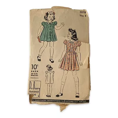 $8.61 • Buy VTG 1940s Du Barry Sewing Pattern 2357B Puff Sleeve Frock Girls Child Dress Sz 8