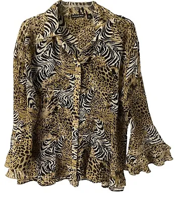 Essentials By Milano Top Womens XL Animal Print Pleated Button Up Bell Sleeves • $18