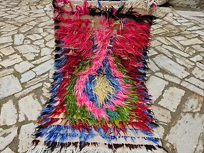 Vintage HandWoven Mohair Area Shaggy RugTurkish FarmHouse Oriental Tulü Rug • $190.40