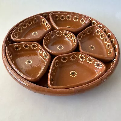 Vintage Mexican Red Ware Divided Tray With 6 Snack/Salsa Bowls Hand-Painted 12  • $13.30