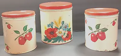 Vintage 1950's Decoware Metal Round Canisters Apples Flowers Red Lids Purity Oat • $18.89