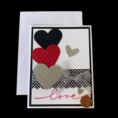 Handmade “Love” Paper Greeting Card & Env 3D Hearts Lace Ribbon 4.5  X 5.75  • $6