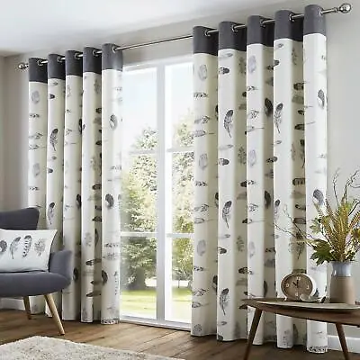 £5.95 • Buy Idaho Eyelet Curtains Grey Feather Print Ready Made Lined Ring Top Curtain Pairs